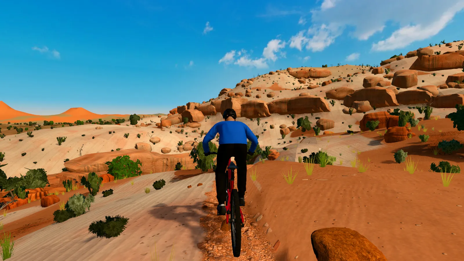 Rider on Moab slickrock below sandstone ledges, rendered in DirtWatts